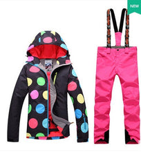 Load image into Gallery viewer, Women Waterproof Ski Suit Female Winter Outdoor Riding Climbing Snow Costumes Black With Colorful Dots Jacket And Green Pants