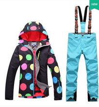 Load image into Gallery viewer, Women Waterproof Ski Suit Female Winter Outdoor Riding Climbing Snow Costumes Black With Colorful Dots Jacket And Green Pants