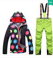Load image into Gallery viewer, Women Waterproof Ski Suit Female Winter Outdoor Riding Climbing Snow Costumes Black With Colorful Dots Jacket And Green Pants