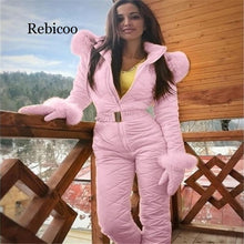 Load image into Gallery viewer, Fleece One Piece Ski Suit Women Snow Overalls Mountain Skiing Jumsuit Super Warm Winter Ski Jacket Pants Breathable Snow Set
