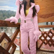 Load image into Gallery viewer, Winter Women Warm Snowsuit Jumpsuit Outdoor Patchwork Sports Zipper Ski Suit Waterproof Thicken Hooded Solid Ladies Jumpsuits
