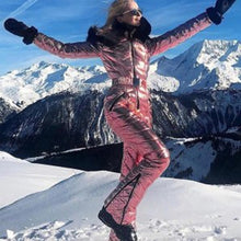 Load image into Gallery viewer, Plus Size Glossy Winter Hooded Women Casual Tracksuits Jumpsuits Parka Padded Warm Sashes Ski Suit Straight Zipper One Piece
