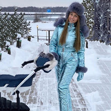 Load image into Gallery viewer, Plus Size Glossy Winter Hooded Women Casual Tracksuits Jumpsuits Parka Padded Warm Sashes Ski Suit Straight Zipper One Piece
