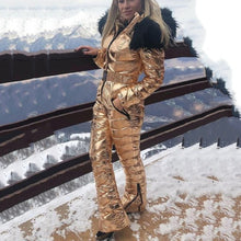 Load image into Gallery viewer, Plus Size Glossy Winter Hooded Women Casual Tracksuits Jumpsuits Parka Padded Warm Sashes Ski Suit Straight Zipper One Piece
