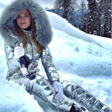 Load image into Gallery viewer, Plus Size Glossy Winter Hooded Women Casual Tracksuits Jumpsuits Parka Padded Warm Sashes Ski Suit Straight Zipper One Piece
