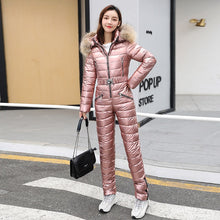 Load image into Gallery viewer, Ski Suit Women One-piece Fashion Hooded With Fur Collar Outdoor Snowboard Jacket Windproof Warm Cotton Clothing Jumpsuit Ski Set
