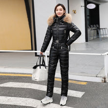 Load image into Gallery viewer, Ski Suit Women One-piece Fashion Hooded With Fur Collar Outdoor Snowboard Jacket Windproof Warm Cotton Clothing Jumpsuit Ski Set
