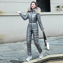 Load image into Gallery viewer, Ski Suit Women One-piece Fashion Hooded With Fur Collar Outdoor Snowboard Jacket Windproof Warm Cotton Clothing Jumpsuit Ski Set
