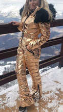 Load image into Gallery viewer, Ski Suit Women One-piece Fashion Hooded With Fur Collar Outdoor Snowboard Jacket Windproof Warm Cotton Clothing Jumpsuit Ski Set
