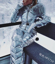 Load image into Gallery viewer, Ski Suit Women One-piece Fashion Hooded With Fur Collar Outdoor Snowboard Jacket Windproof Warm Cotton Clothing Jumpsuit Ski Set
