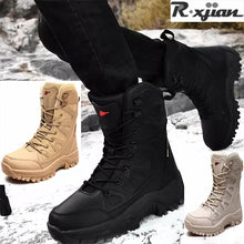 Load image into Gallery viewer, R.XJIAN brand Winter Military Tactical Boots For Men Leather Outdoors Round Toe Sneakers Men Combat Desert High Ankle Boots Blac
