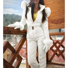 Load image into Gallery viewer, Winter Hooded Jumpsuits Parka Elegant Cotton Padded Warm Sashes Ski Suit Straight Zipper One Piece Women Casual Tracksuits
