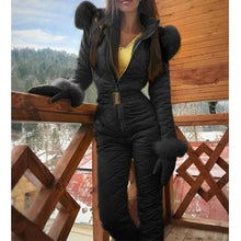 Load image into Gallery viewer, Winter Hooded Jumpsuits Parka Elegant Cotton Padded Warm Sashes Ski Suit Straight Zipper One Piece Women Casual Tracksuits
