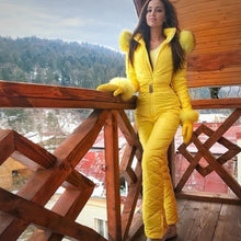 Load image into Gallery viewer, Winter Hooded Jumpsuits Parka Elegant Cotton Padded Warm Sashes Ski Suit Straight Zipper One Piece Women Casual Tracksuits

