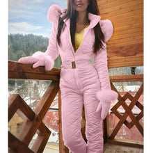 Load image into Gallery viewer, Winter Hooded Jumpsuits Parka Elegant Cotton Padded Warm Sashes Ski Suit Straight Zipper One Piece Women Casual Tracksuits
