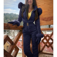 Load image into Gallery viewer, Winter Hooded Jumpsuits Parka Elegant Cotton Padded Warm Sashes Ski Suit Straight Zipper One Piece Women Casual Tracksuits
