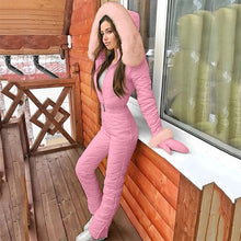 Load image into Gallery viewer, Winter Women's Hooded Jumpsuits Parka Cotton Padded Warm Sashes Ski Suit Straight Zipper One Piece Casual Tracksuits 2020 New
