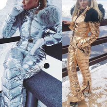 Load image into Gallery viewer, New Shiny Silver Gold One-Piece Ski Suit Women Waterproof Windproof Skiing Jumpsuit Snowboarding Suit Female Snow Costumes
