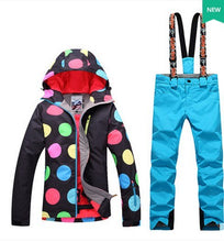 Load image into Gallery viewer, Women Waterproof Ski Suit Female Winter Outdoor Riding Climbing Snow Costumes Black With Colorful Dots Jacket And Green Pants

