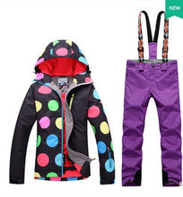 Load image into Gallery viewer, Women Waterproof Ski Suit Female Winter Outdoor Riding Climbing Snow Costumes Black With Colorful Dots Jacket And Green Pants
