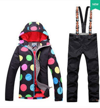 Load image into Gallery viewer, Women Waterproof Ski Suit Female Winter Outdoor Riding Climbing Snow Costumes Black With Colorful Dots Jacket And Green Pants
